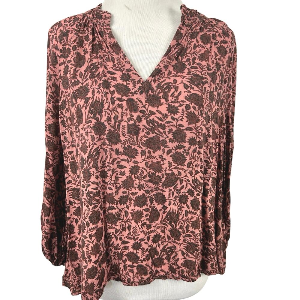 Faherty Floral Blouse Womens M Pink Brown V Neck Long Sleeve Boho Top